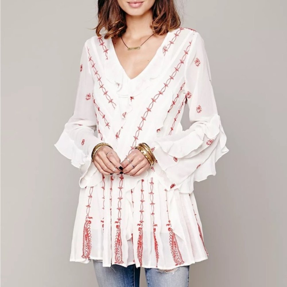 Free People White Chiffon Red Embroidered V Neck Boho Tunic Top